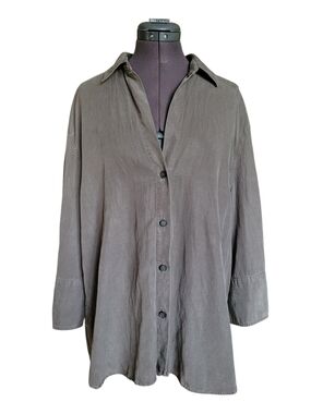 ZARA Lyocell Linen Blend Button Down Shirt Olive Gray Size M